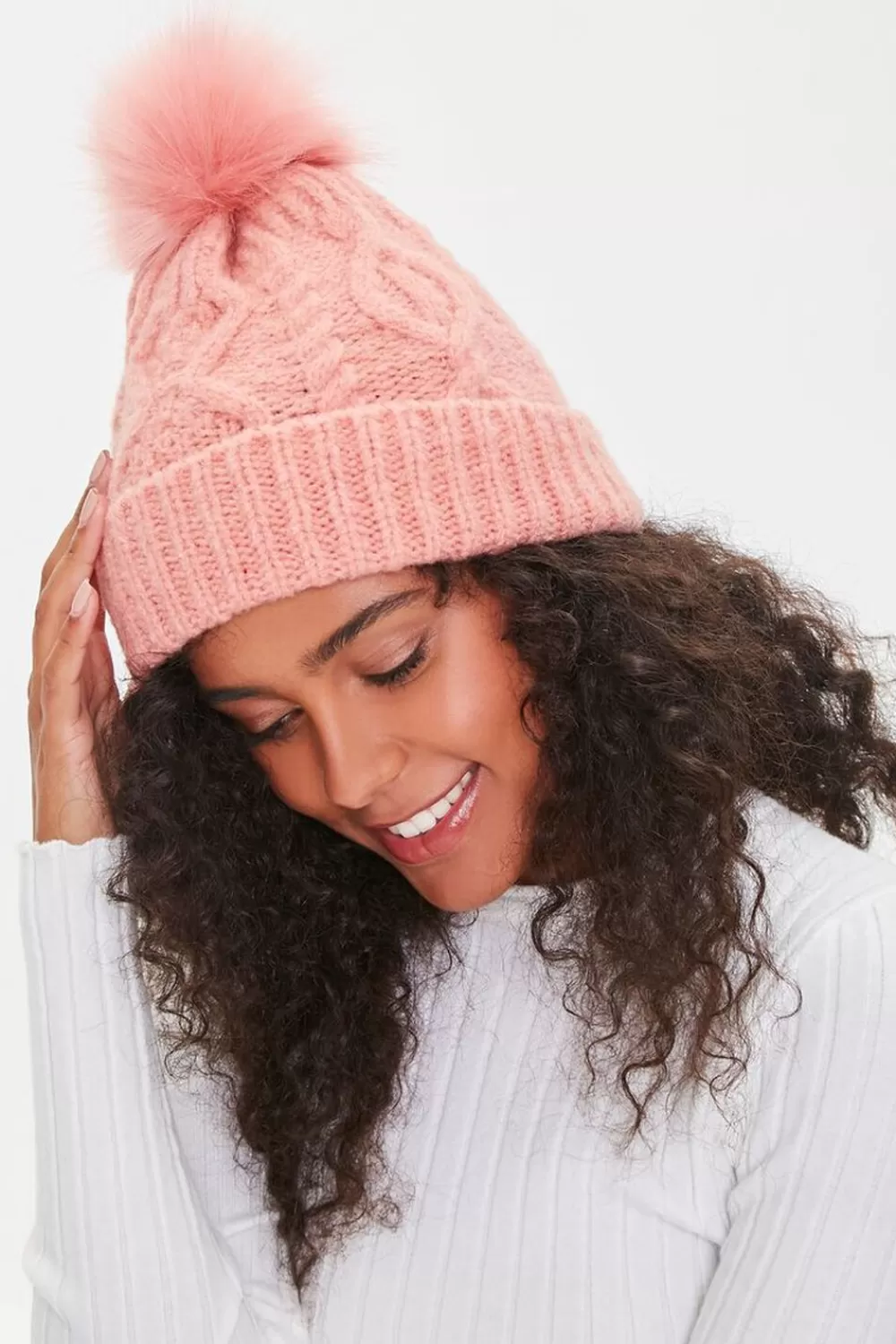 Hats + Beanies>Forever 21 Cable Knit Pom Pom Beanie Dusty Pink