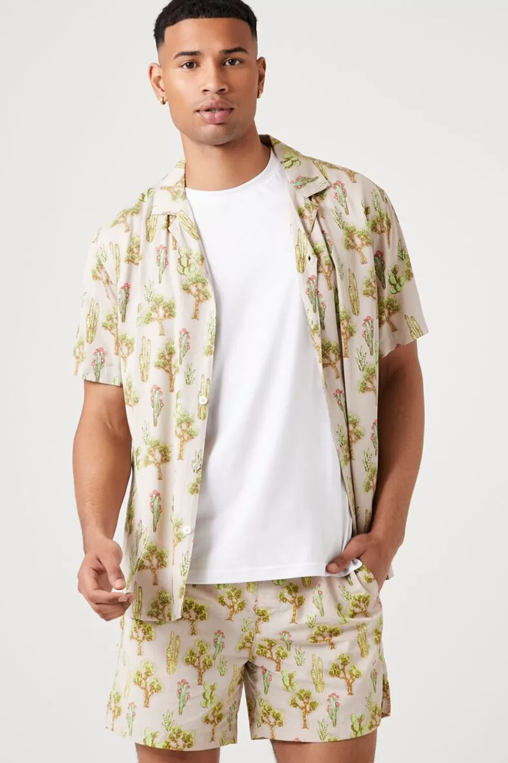 Bottoms>Forever 21 Cactus Print Nylon Swim Trunks Taupe/Multi