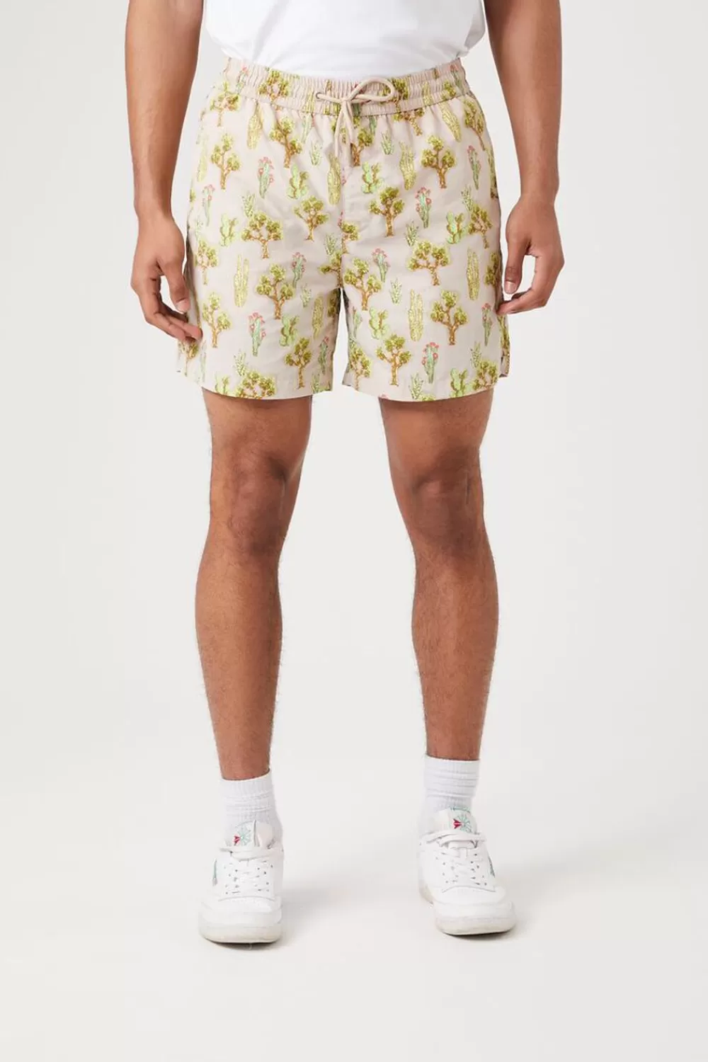 Bottoms>Forever 21 Cactus Print Nylon Swim Trunks Taupe/Multi