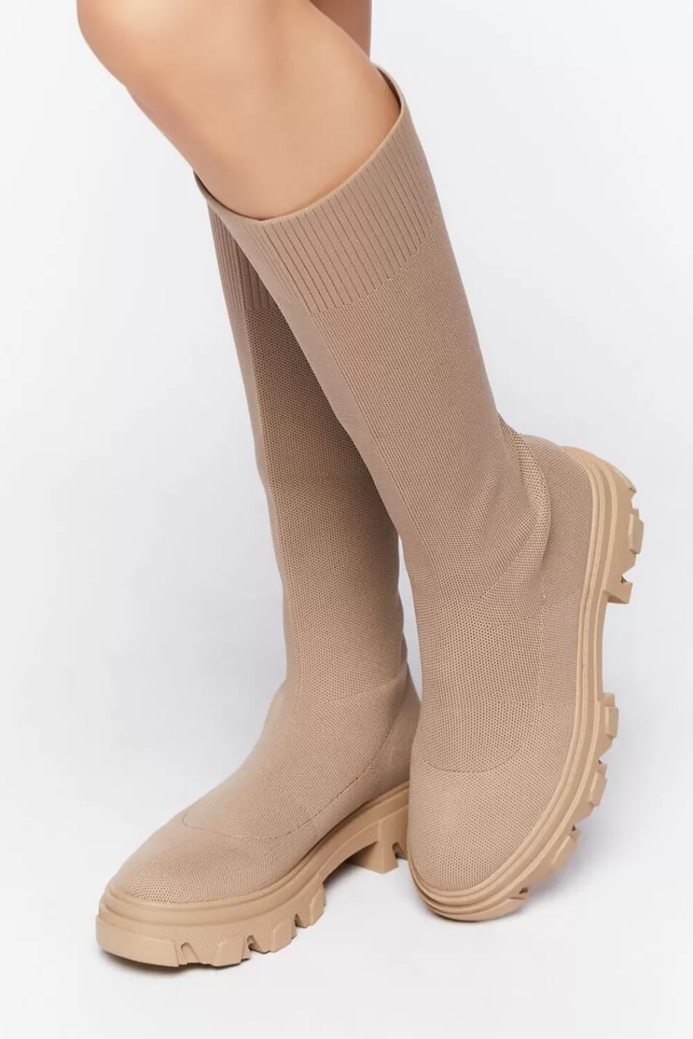 Boots + Booties>Forever 21 Calf-High Lug-Sole Sock Boots Taupe