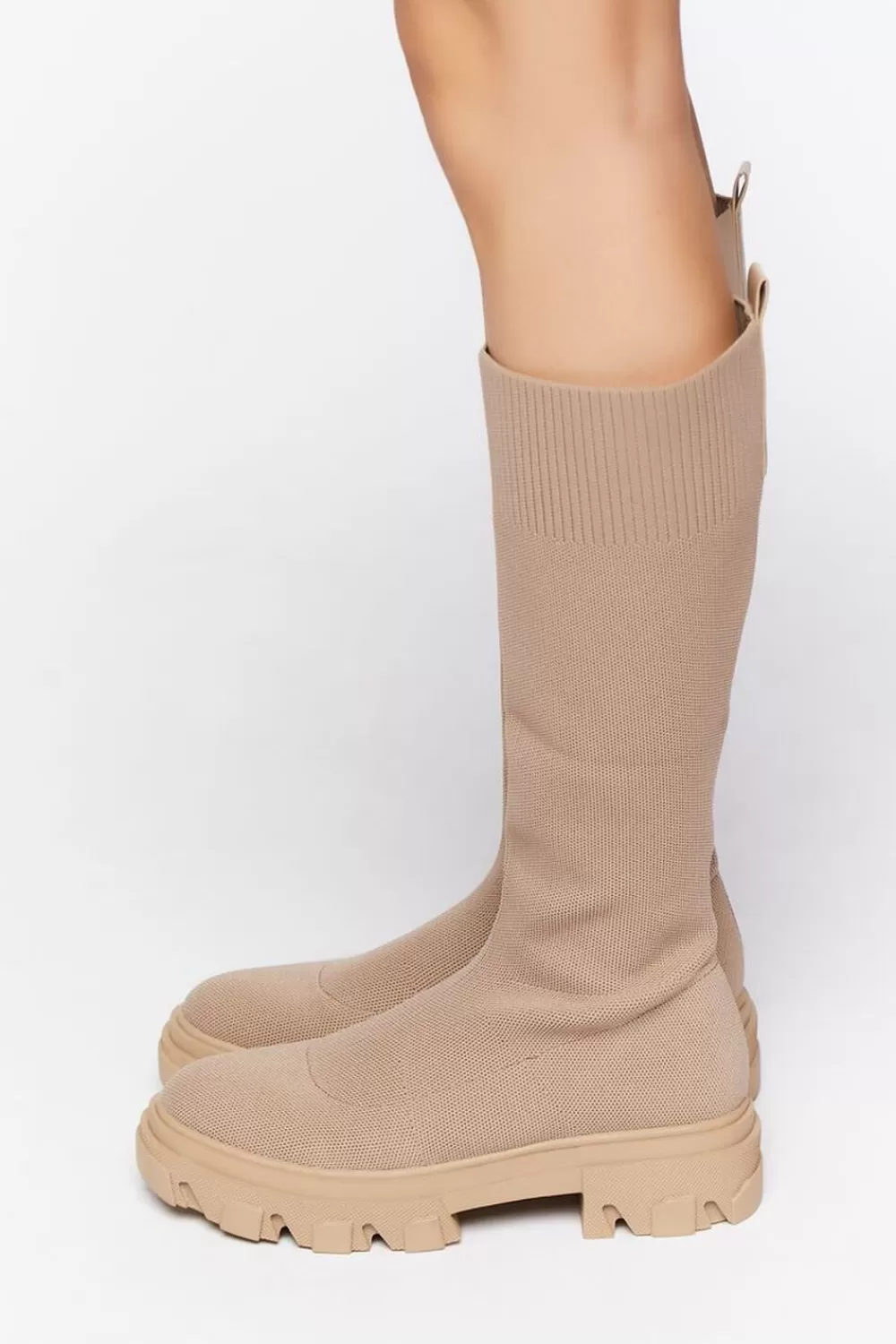 Boots + Booties>Forever 21 Calf-High Lug-Sole Sock Boots Taupe
