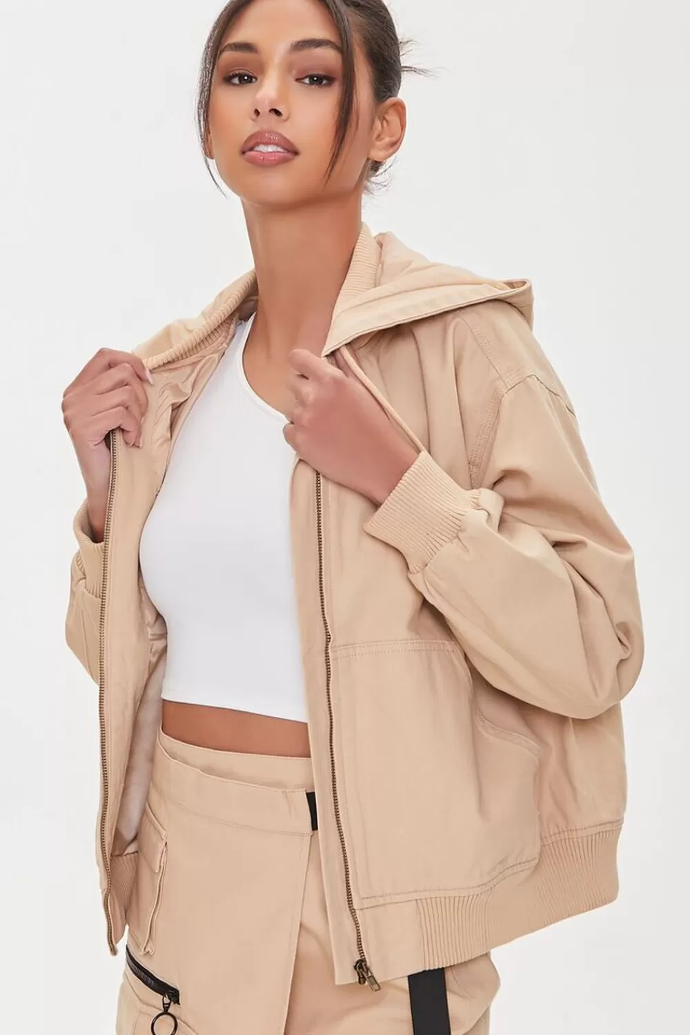 Forever 21 Canvas Zip-Up Drawstring Hoodie | Women Tops