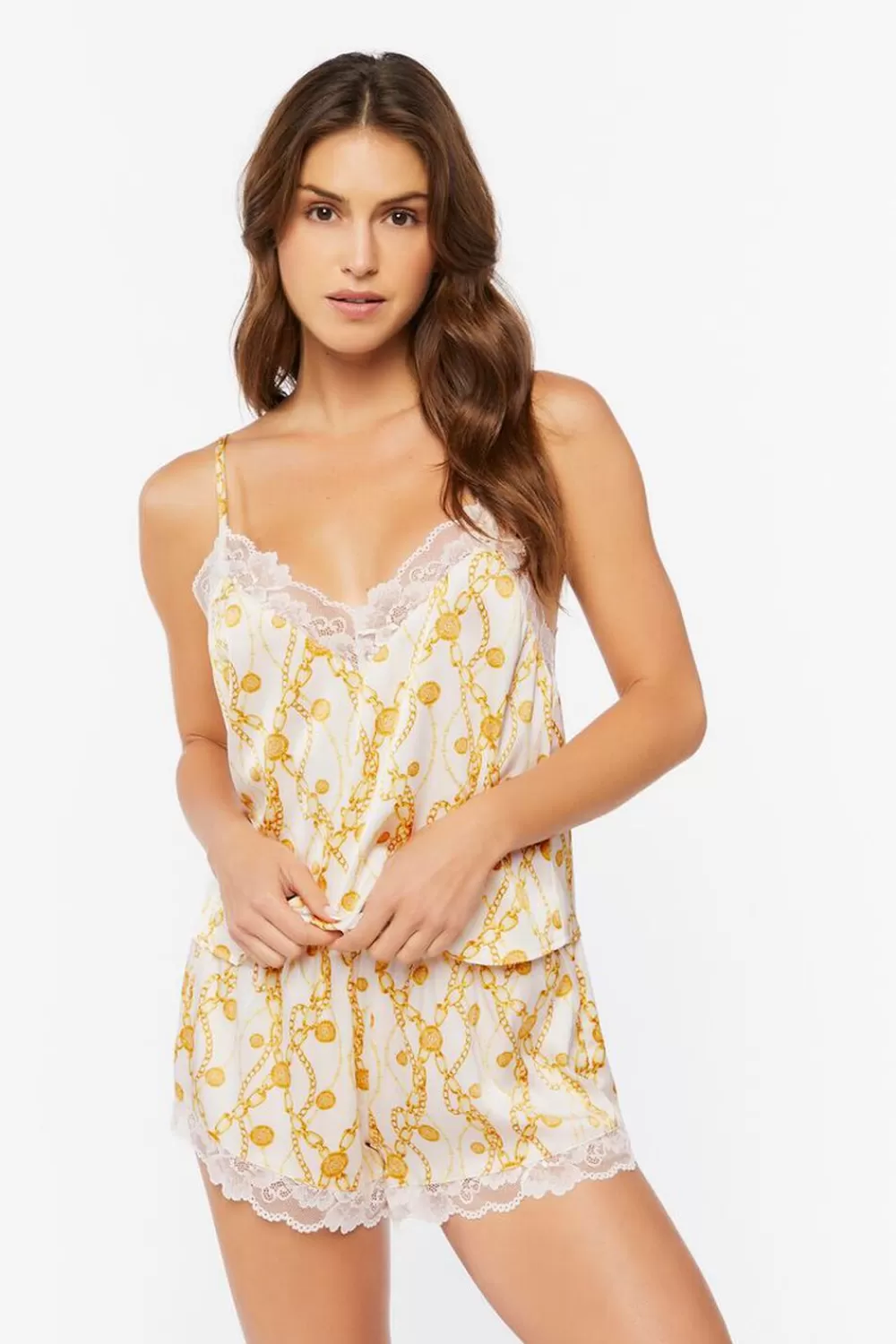 Loungewear>Forever 21 Chain Print Lace-Trim Cami & Shorts Set White/Yellow
