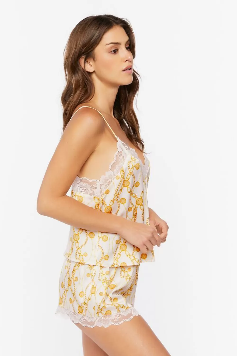 Loungewear>Forever 21 Chain Print Lace-Trim Cami & Shorts Set White/Yellow