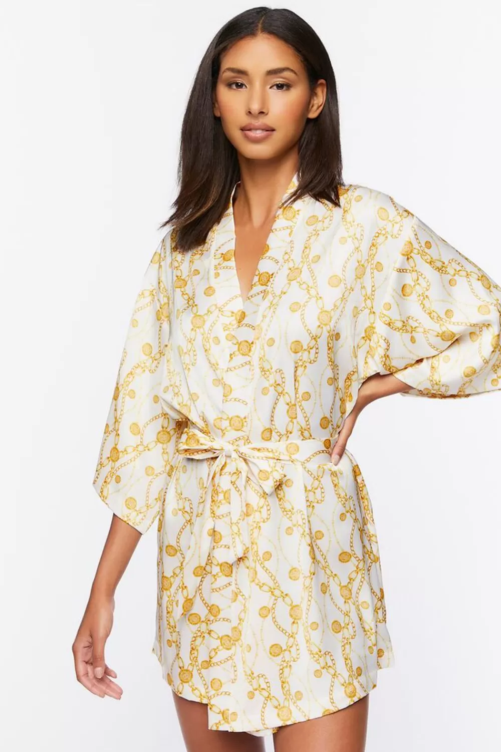 Loungewear>Forever 21 Chain Print Satin Robe White/Yellow
