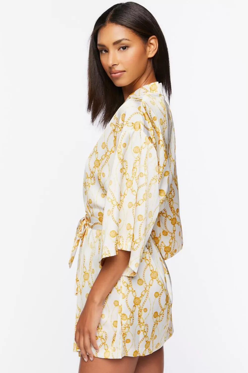Loungewear>Forever 21 Chain Print Satin Robe White/Yellow