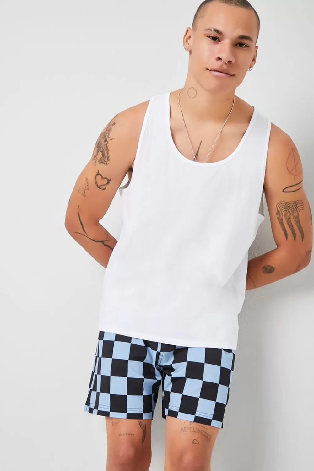 Bottoms>Forever 21 Checkered Drawstring Swim Trunks Dusty Blue/Black