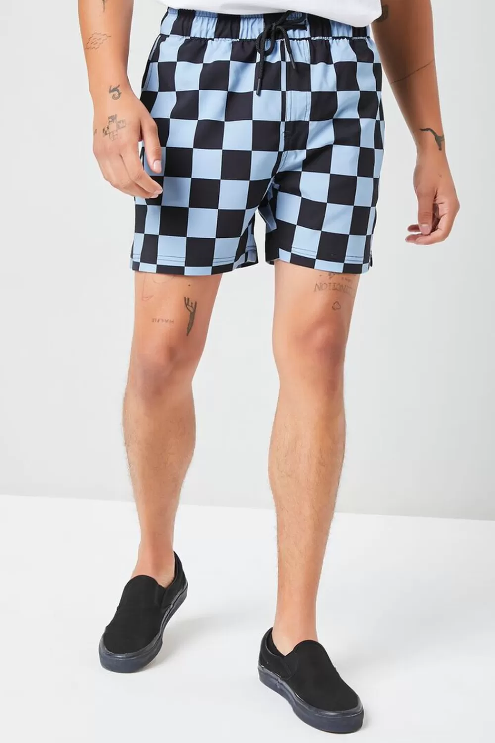 Bottoms>Forever 21 Checkered Drawstring Swim Trunks Dusty Blue/Black