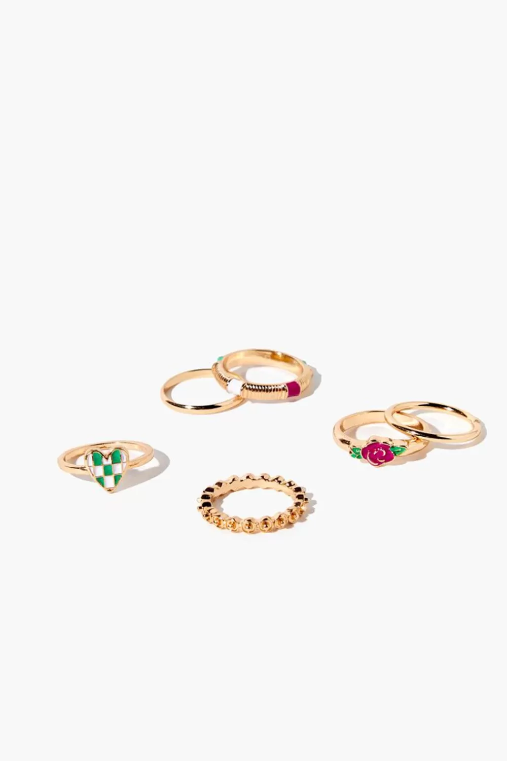 Rings>Forever 21 Checkered Heart & Rose Ring Set Gold/Green