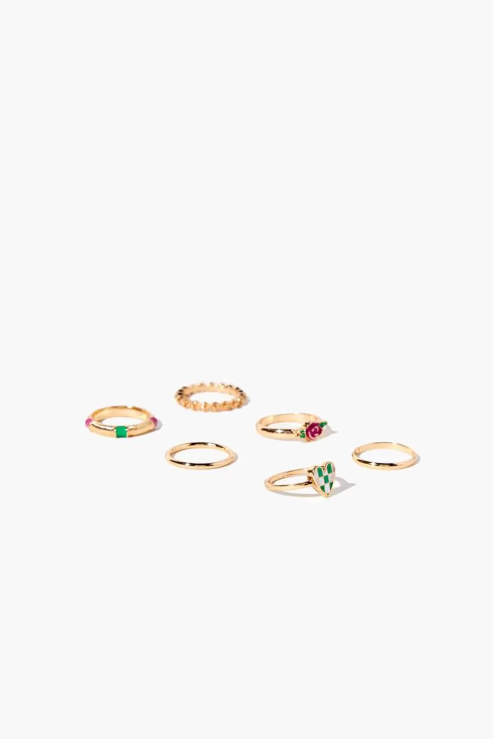 Rings>Forever 21 Checkered Heart & Rose Ring Set Gold/Green