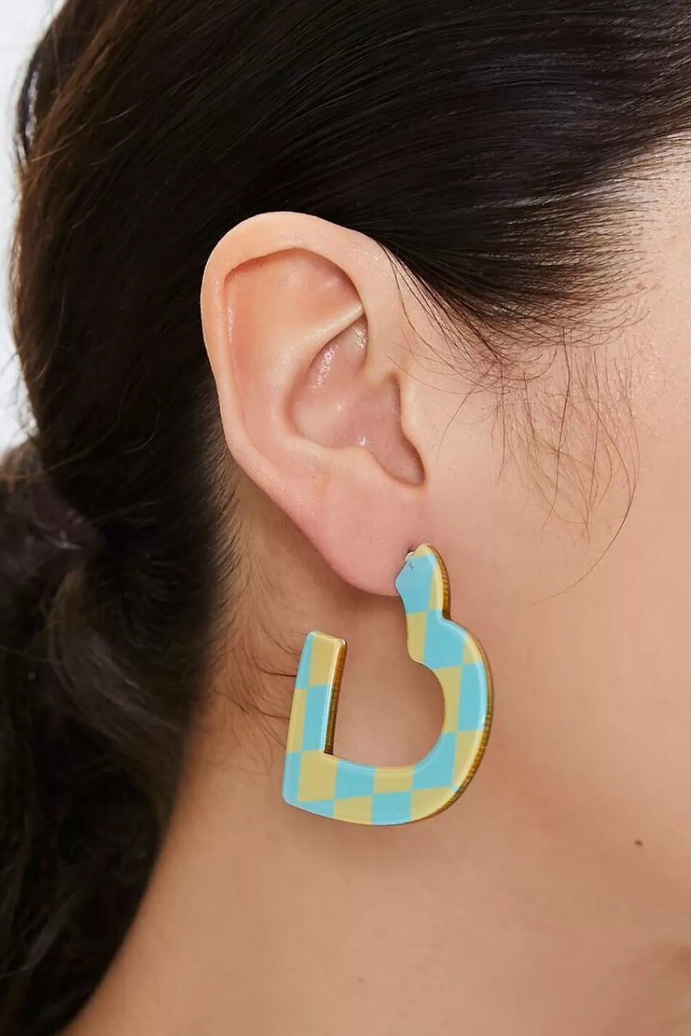Earrings>Forever 21 Checkered Heart Hoop Earrings Blue/Yellow