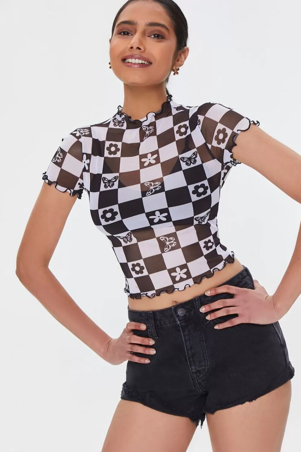 Forever 21 Checkered Mesh Floral Tee | Women Tops