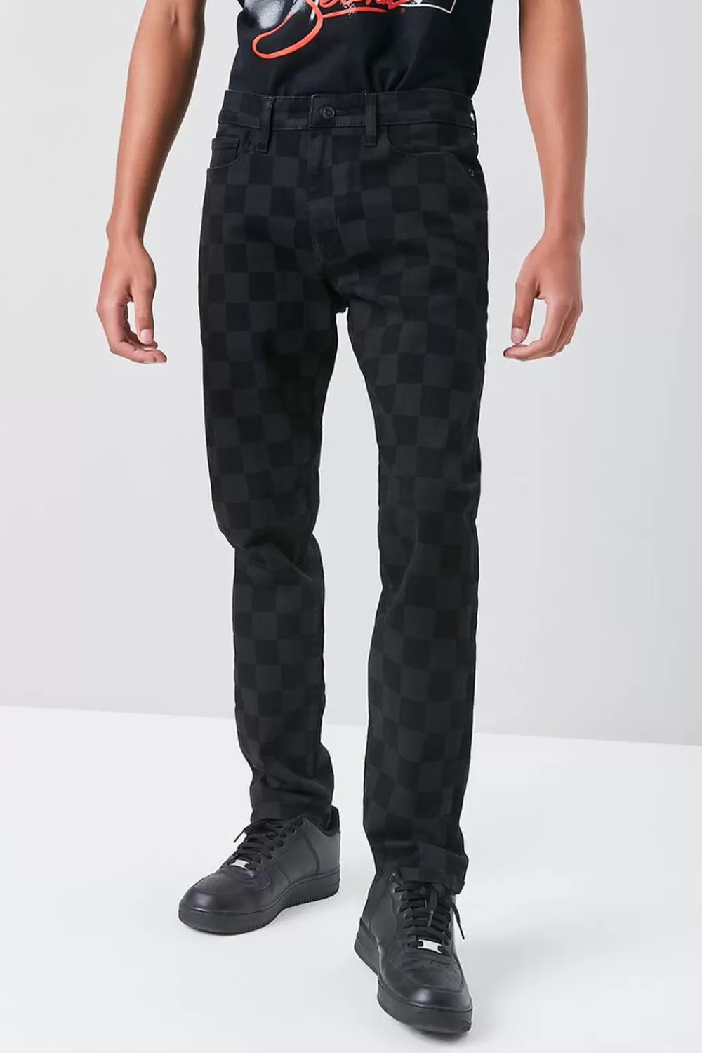 Jeans + Denim>Forever 21 Checkered Slim-Fit Jeans Black/Black