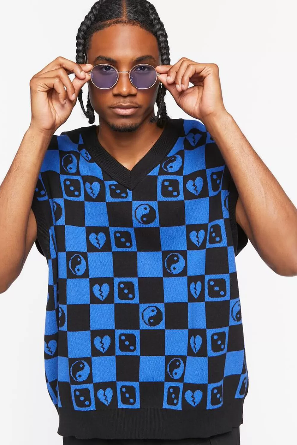 Sweaters + Cardigans>Forever 21 Checkered Yin Yang Sweater Vest Black/Blue