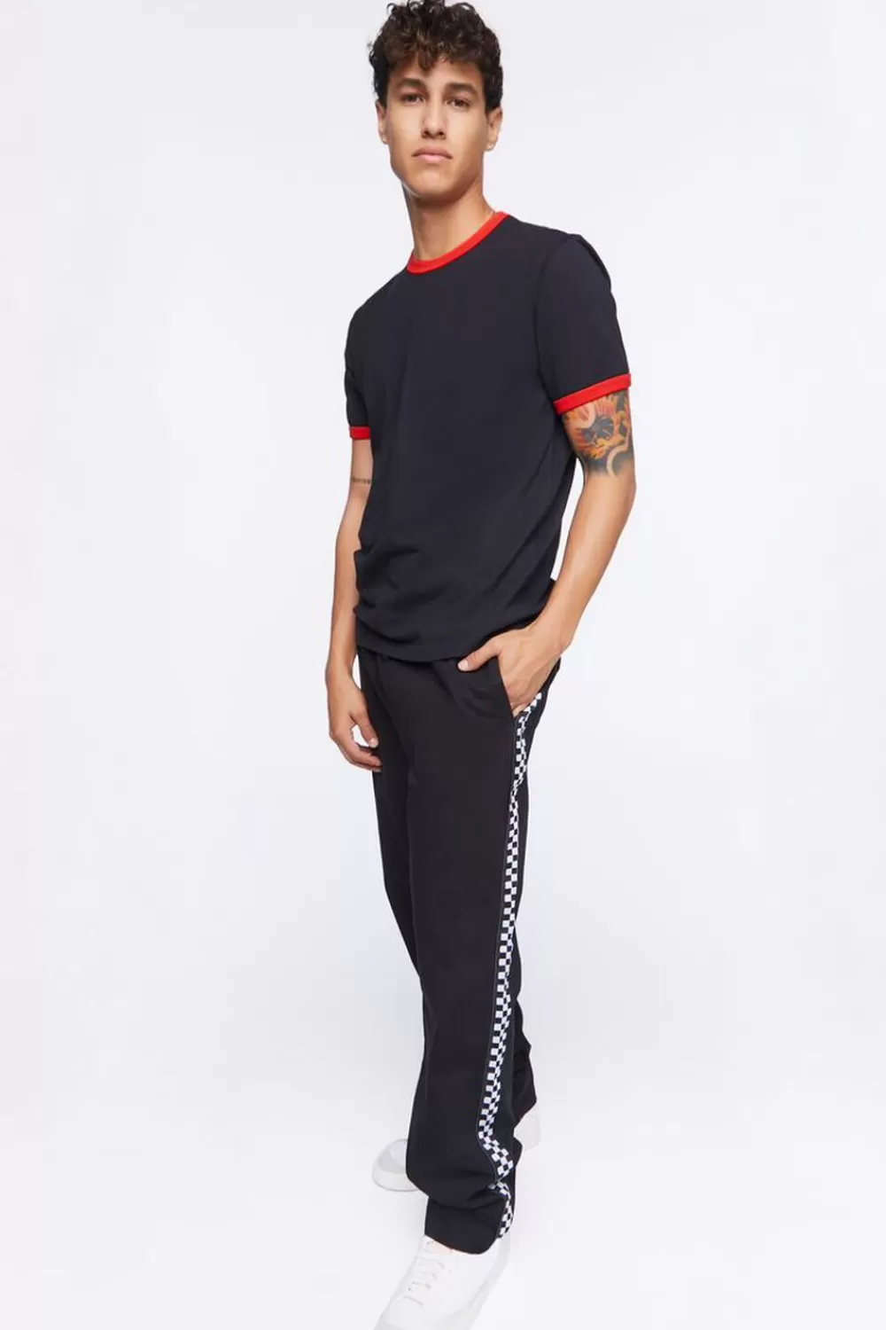 Bottoms>Forever 21 Checkered-Trim Drawstring Pants Black/White