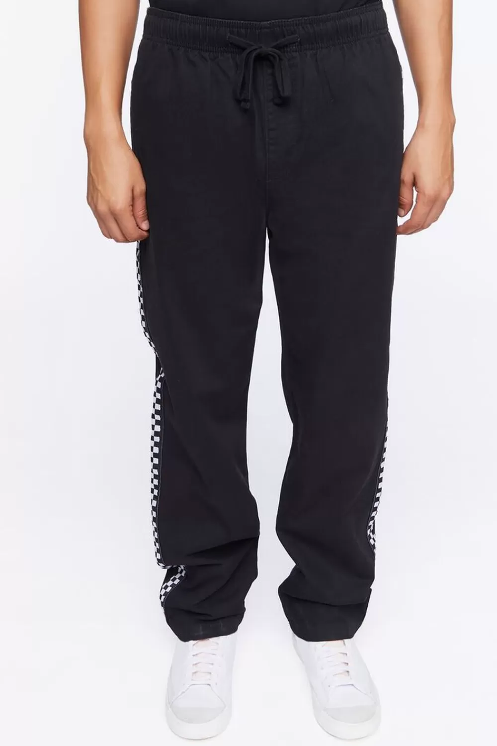 Bottoms>Forever 21 Checkered-Trim Drawstring Pants Black/White