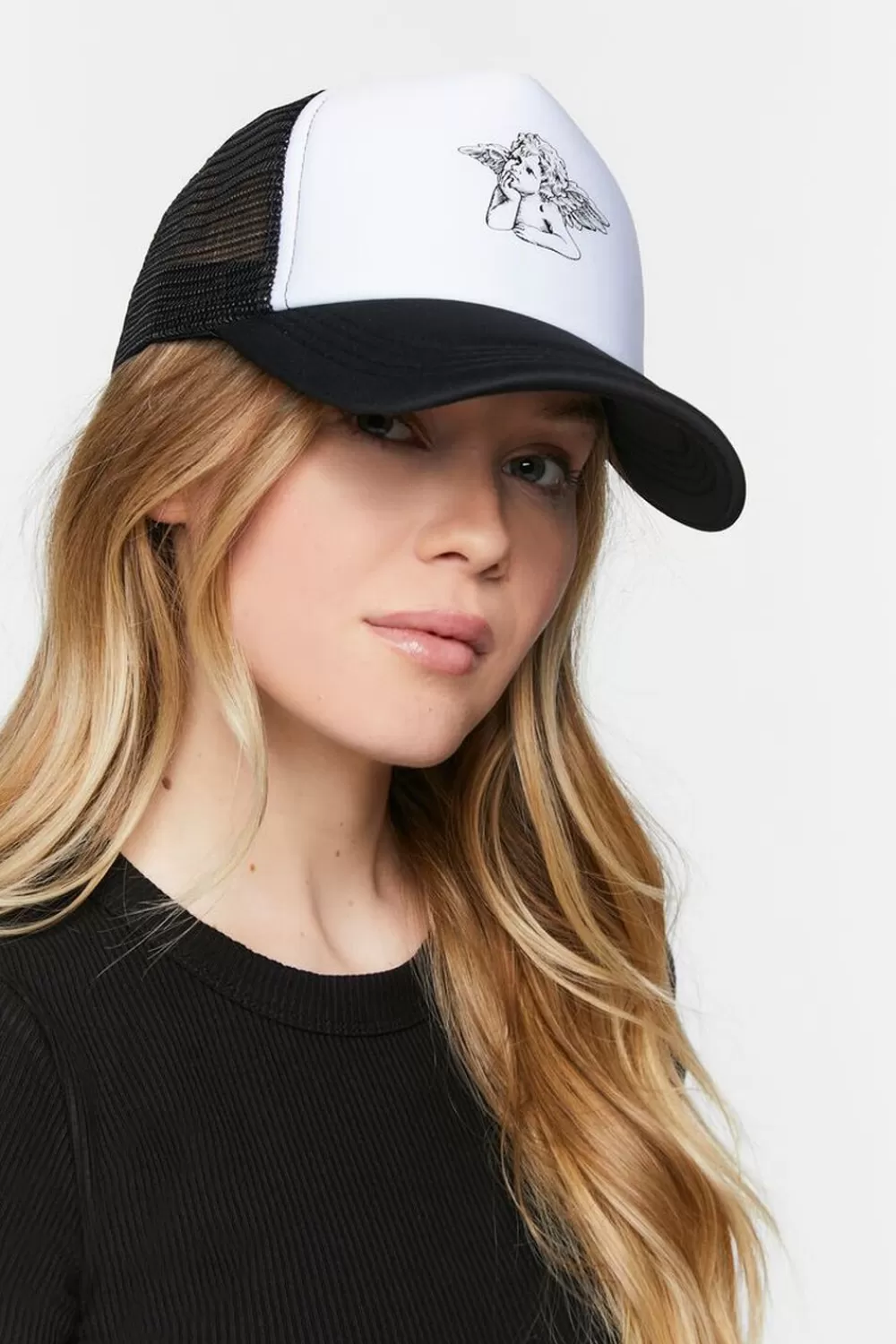 Hats + Beanies>Forever 21 Cherub Graphic Trucker Hat Black/White