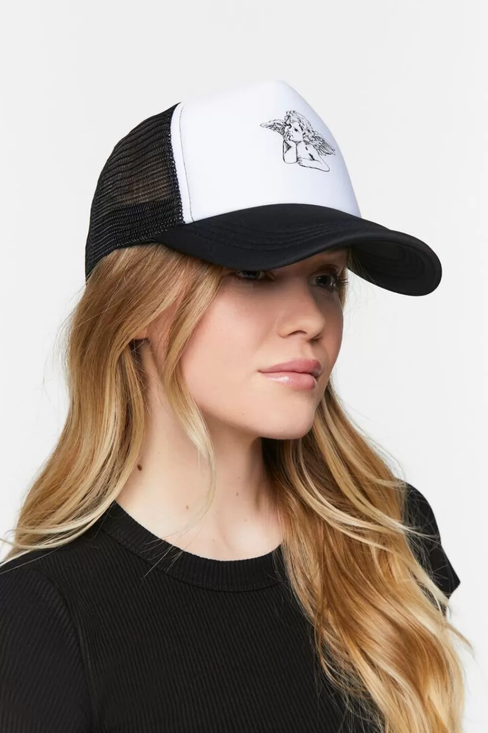 Hats + Beanies>Forever 21 Cherub Graphic Trucker Hat Black/White