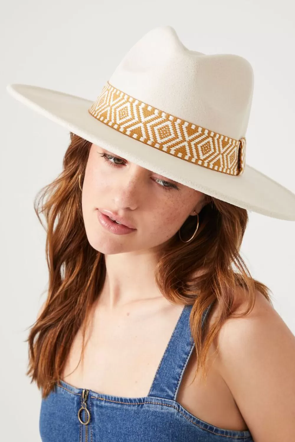 Hats + Beanies>Forever 21 Chevron-Trim Brushed Fedora Cream/Tan