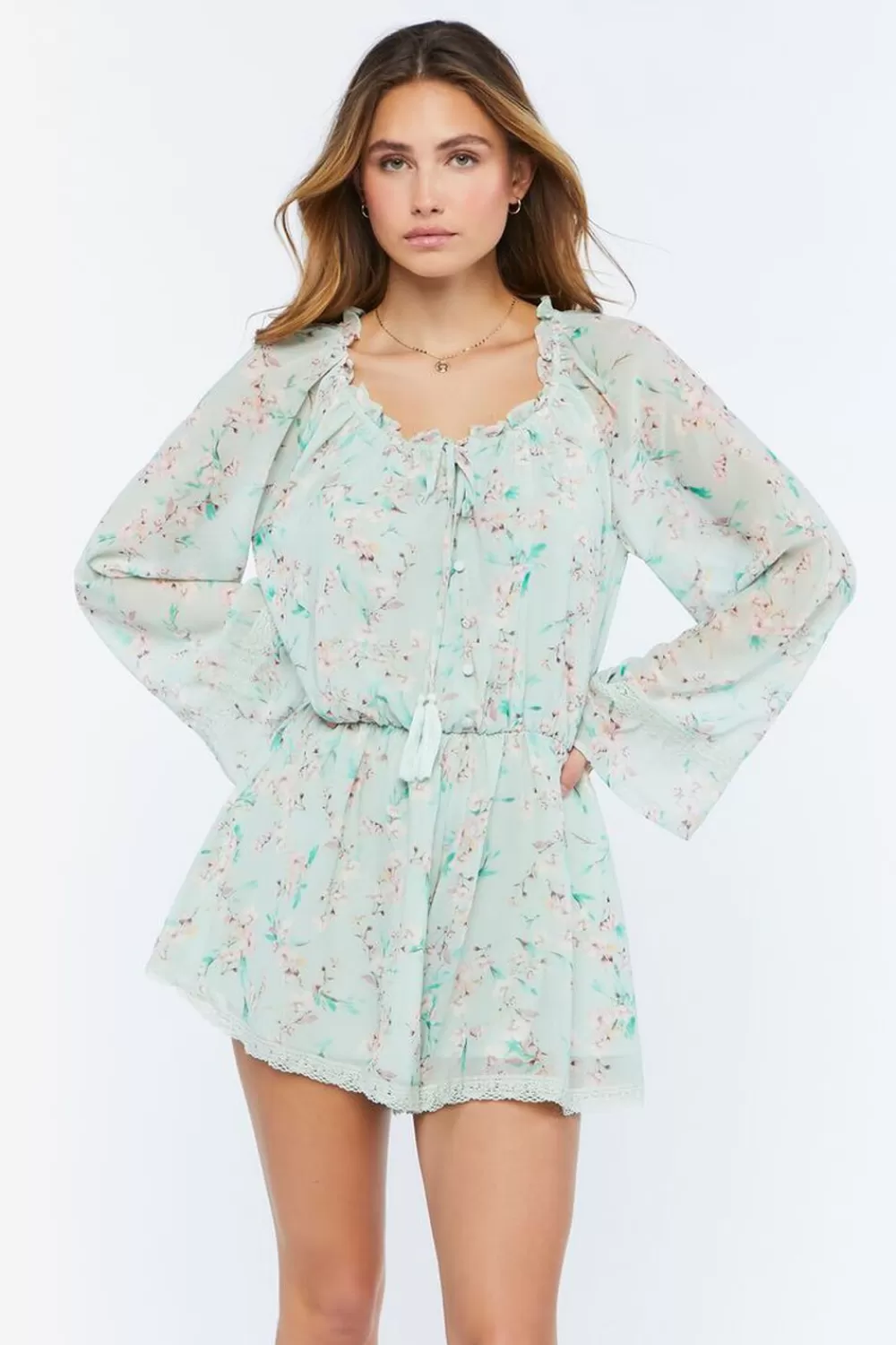 Rompers + Jumpsuits>Forever 21 Chiffon Floral Print Romper Mint/Multi