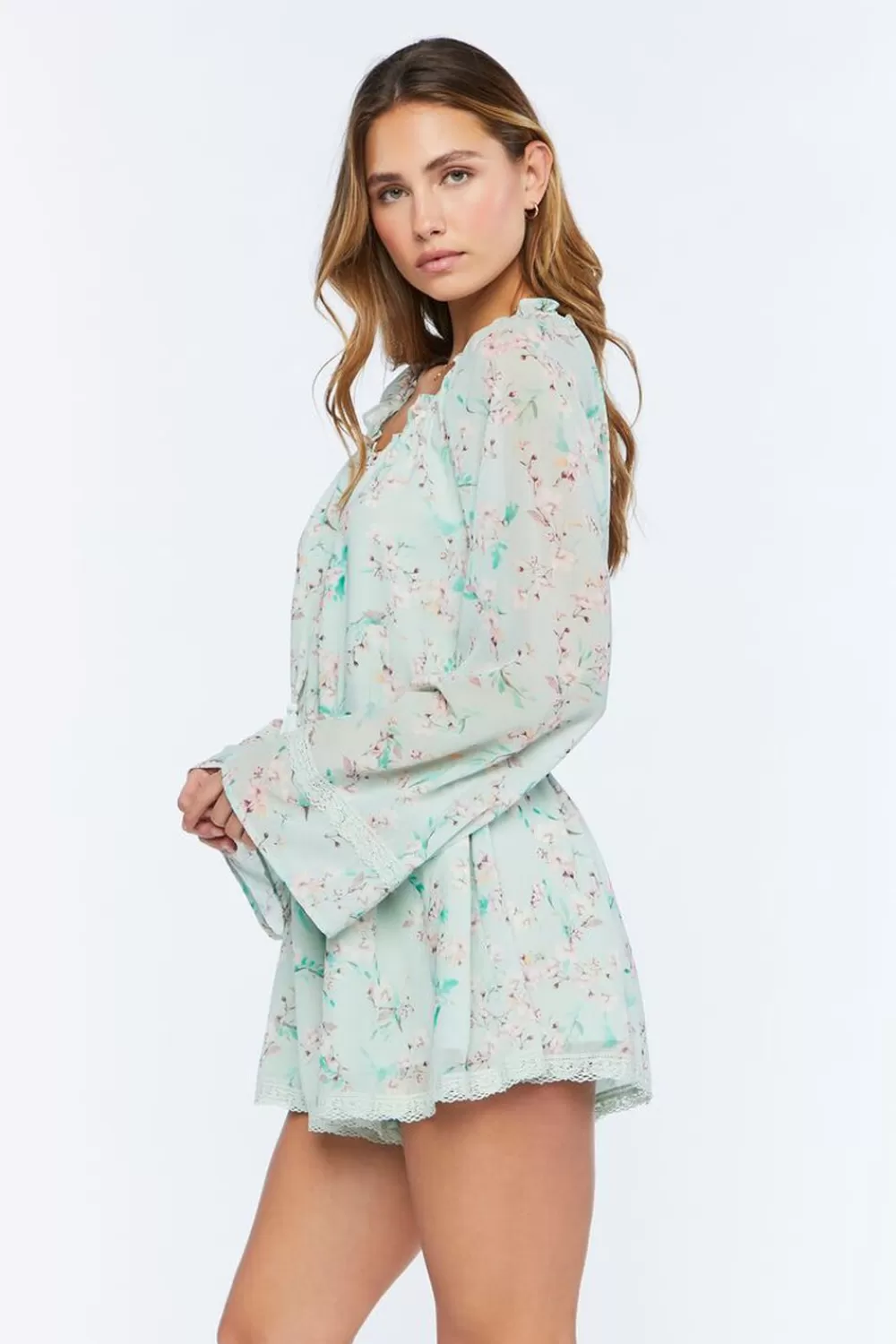 Rompers + Jumpsuits>Forever 21 Chiffon Floral Print Romper Mint/Multi