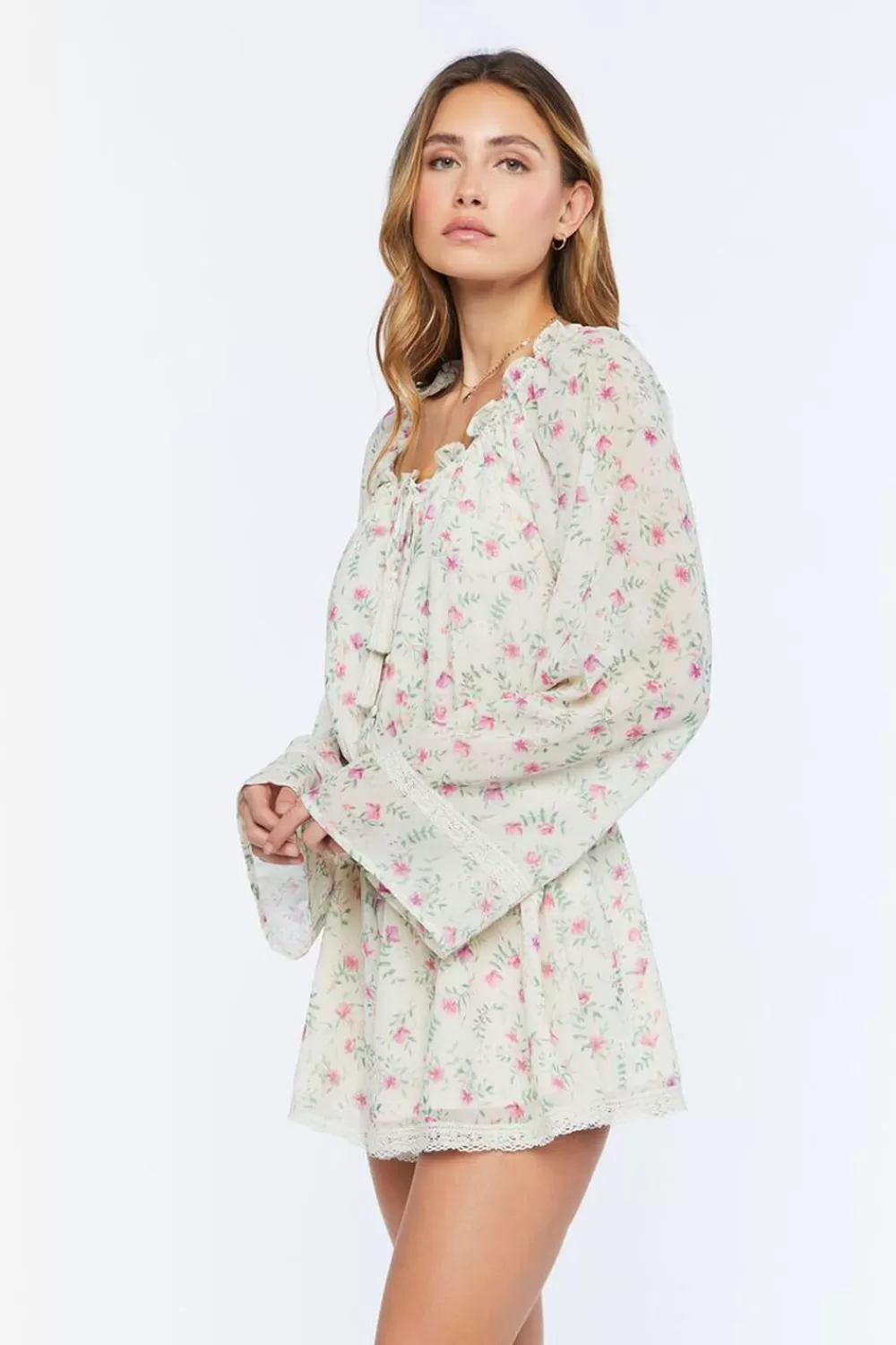 Rompers + Jumpsuits>Forever 21 Chiffon Floral Print Romper Ivory/Multi