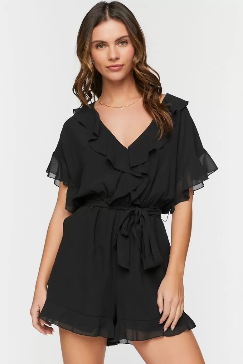 Rompers + Jumpsuits>Forever 21 Chiffon Ruffle-Trim Romper Black