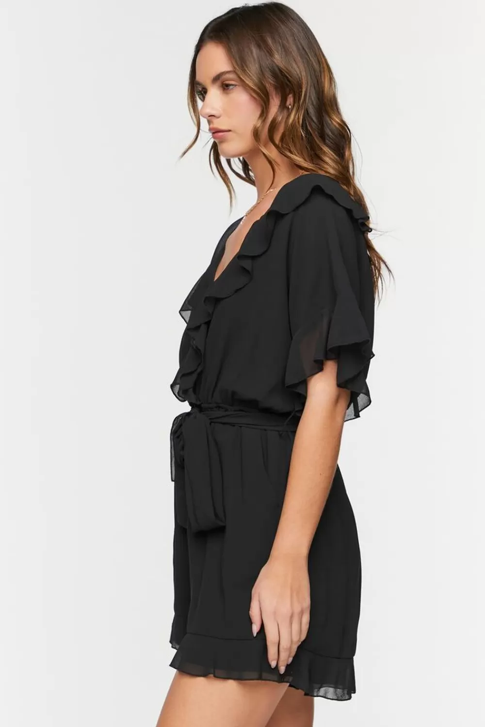 Rompers + Jumpsuits>Forever 21 Chiffon Ruffle-Trim Romper Black