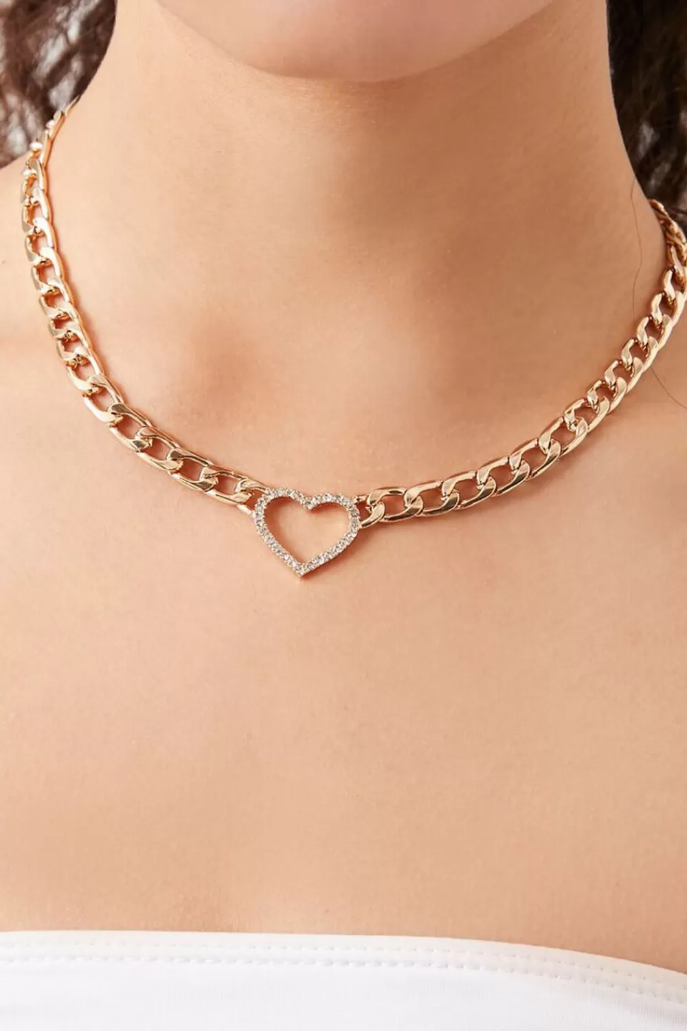 Necklaces>Forever 21 Chunky Chain Heart Necklace Gold/Clear