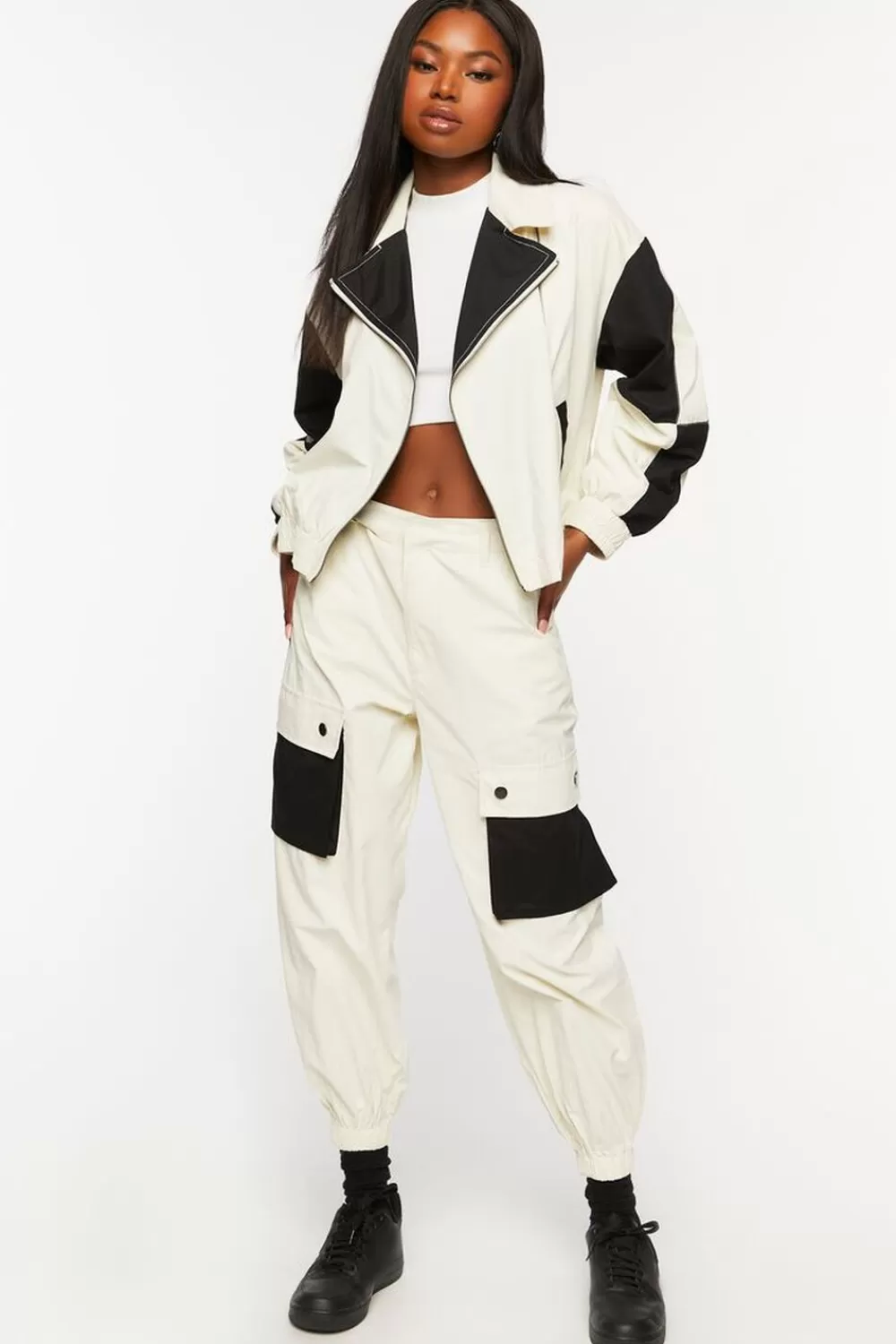 Matching Sets>Forever 21 Colorblock Cargo Joggers Ivory/Black