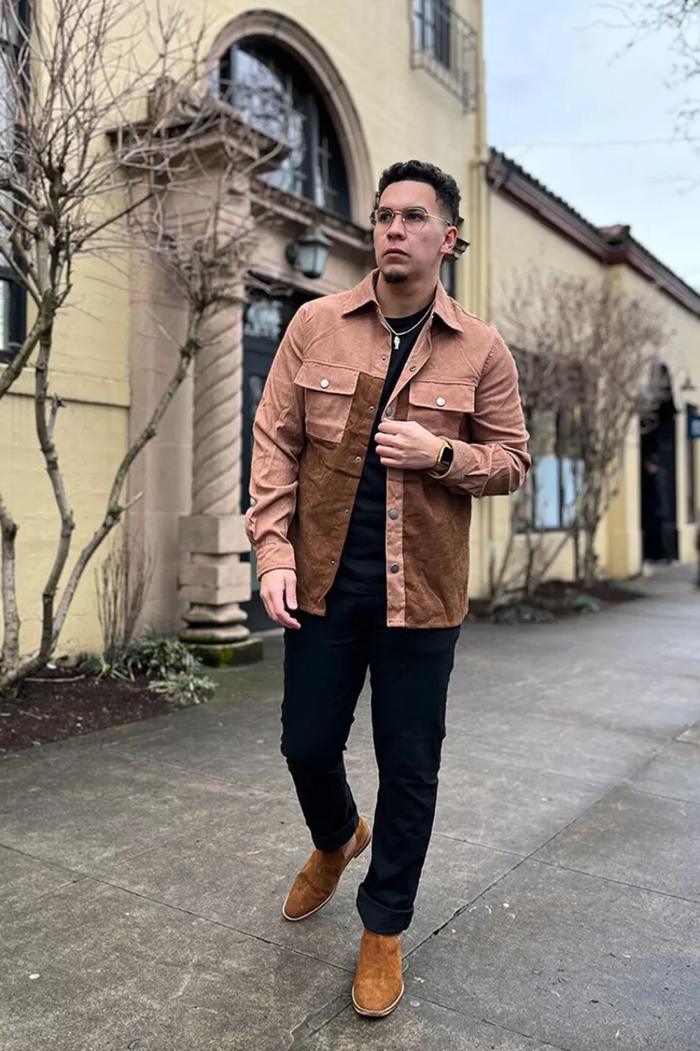 Tops>Forever 21 Colorblock Corduroy Shirt Khaki