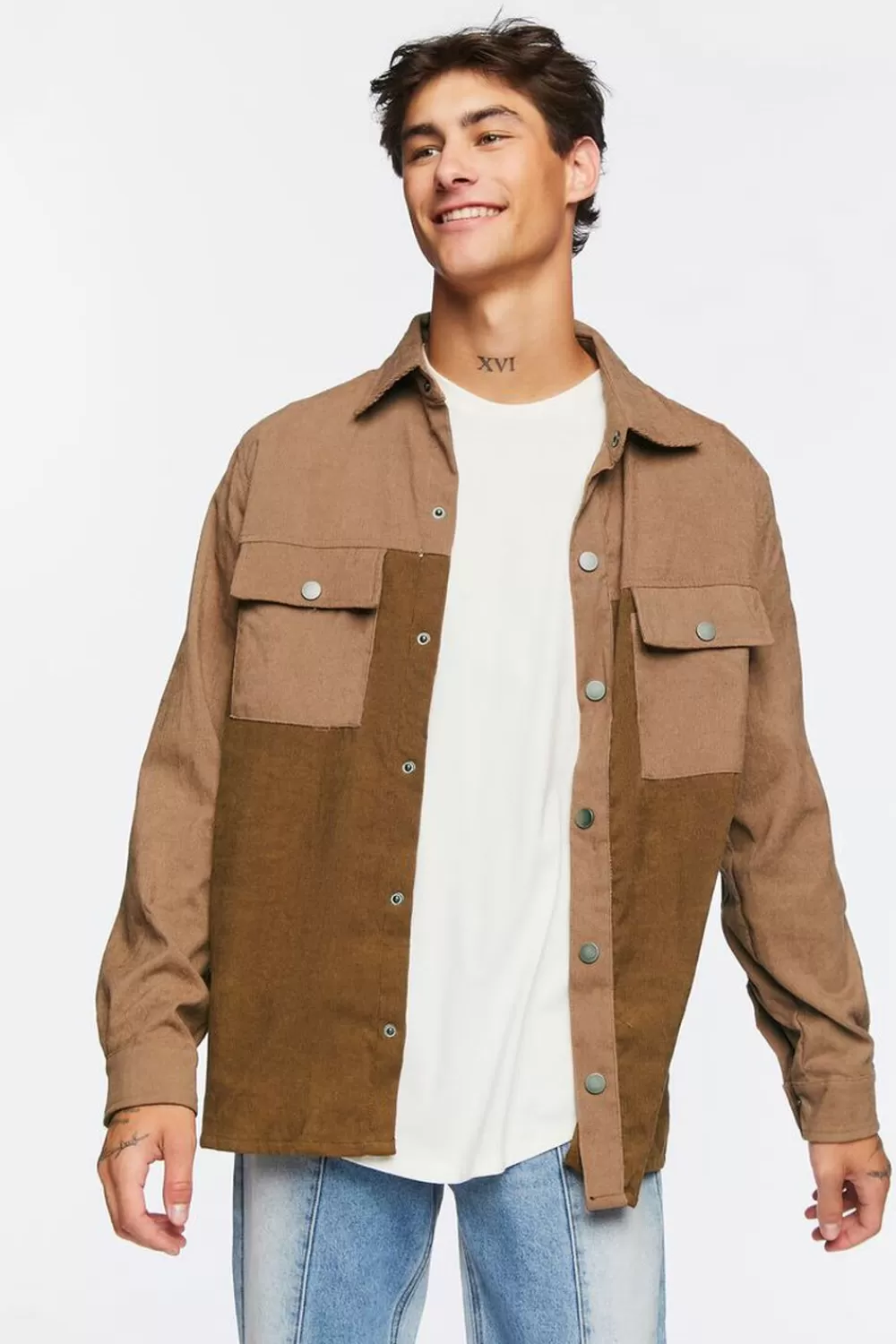 Tops>Forever 21 Colorblock Corduroy Shirt Khaki