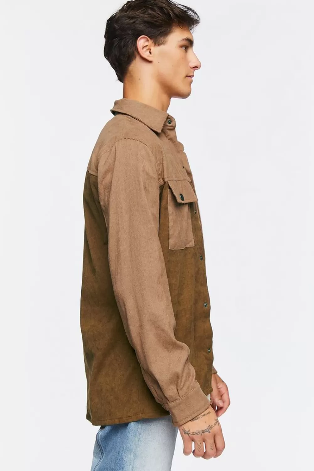 Tops>Forever 21 Colorblock Corduroy Shirt Khaki