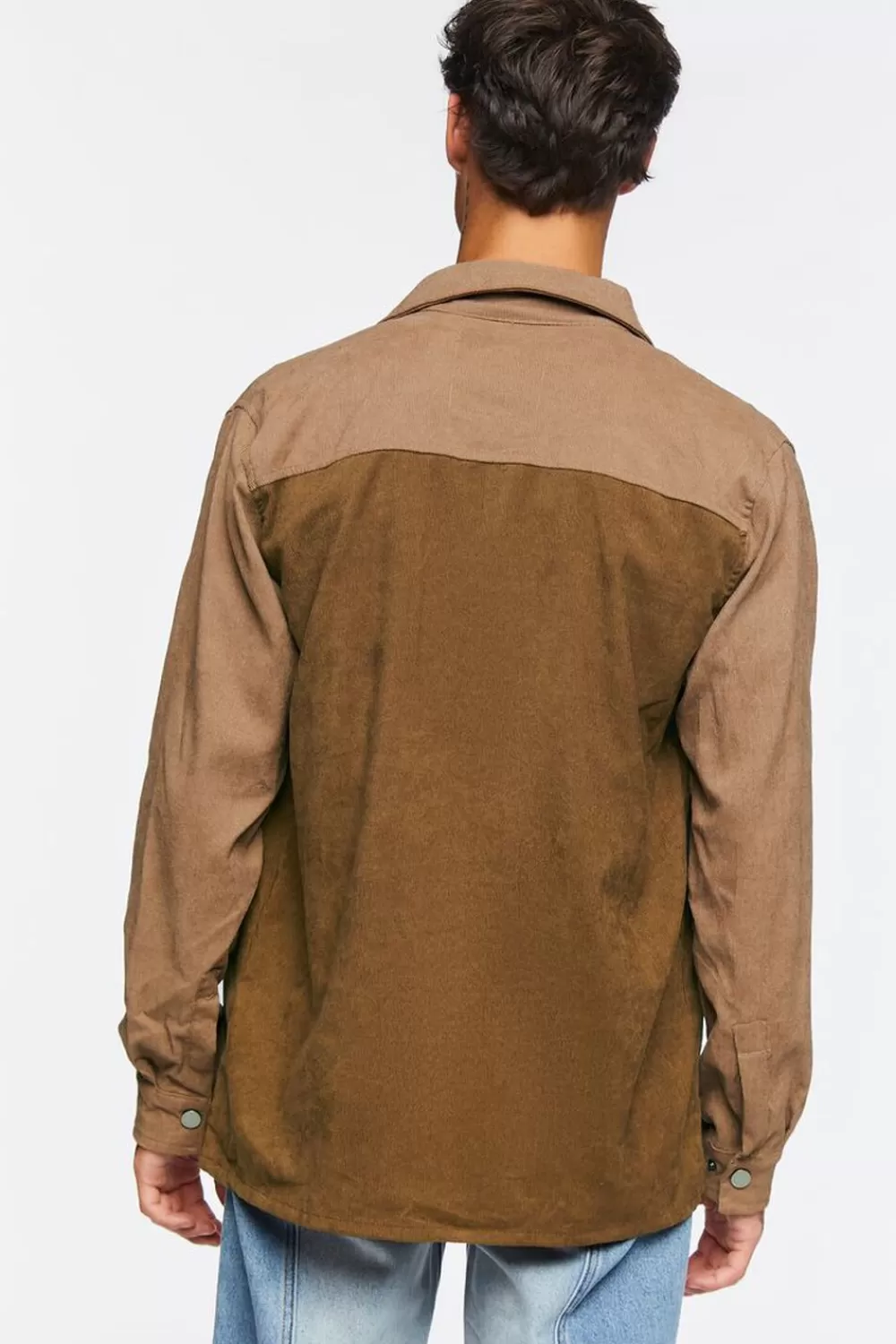 Tops>Forever 21 Colorblock Corduroy Shirt Khaki