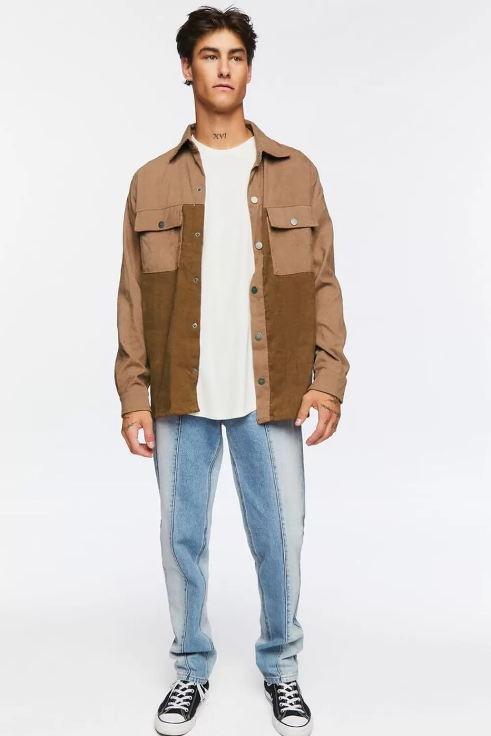 Tops>Forever 21 Colorblock Corduroy Shirt Khaki