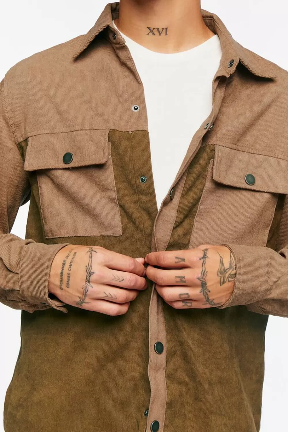 Tops>Forever 21 Colorblock Corduroy Shirt Khaki