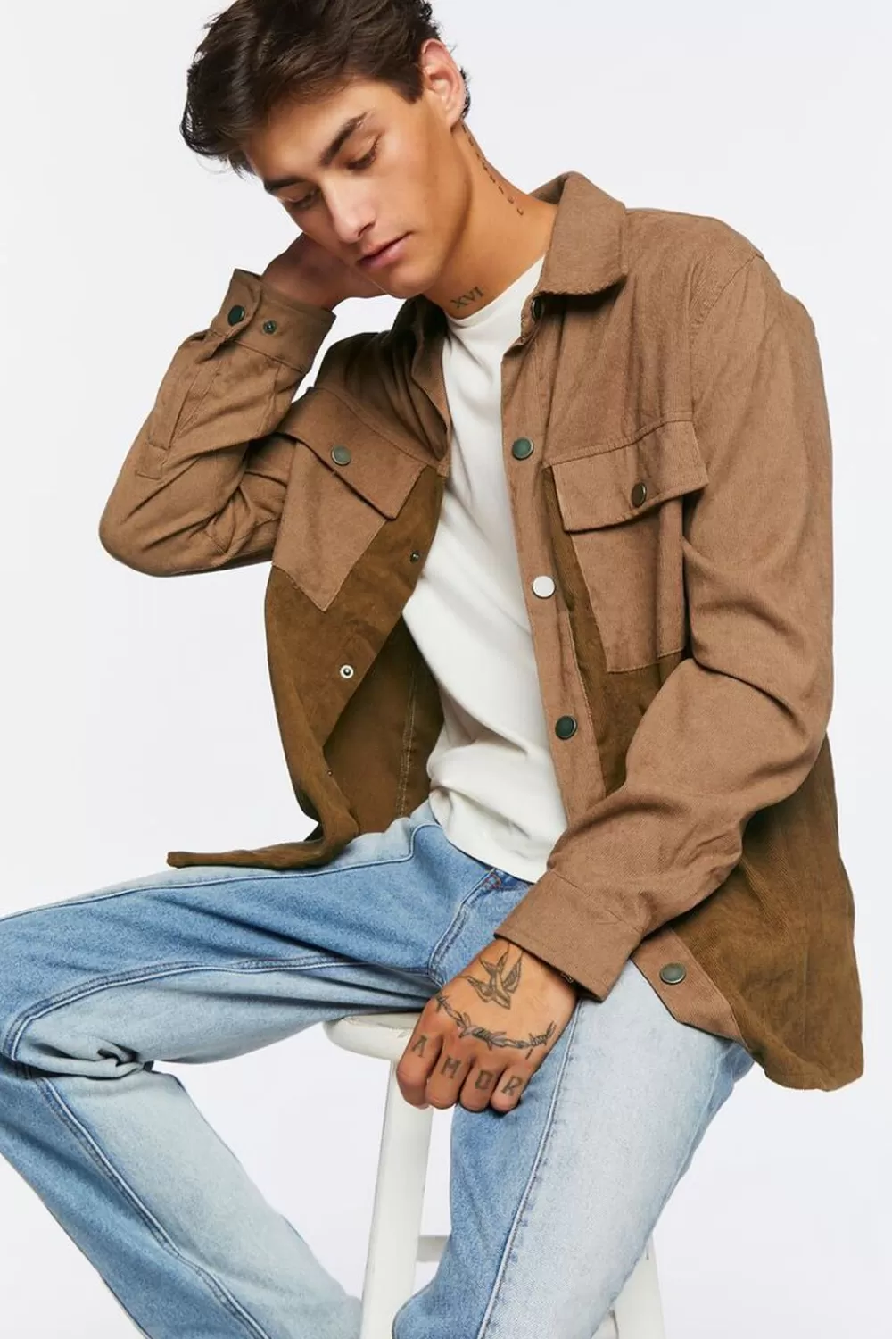 Tops>Forever 21 Colorblock Corduroy Shirt Khaki