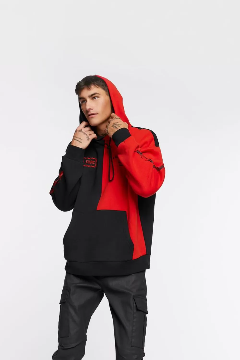 Graphic Tees>Forever 21 Colorblock Graphic Embroidered Hoodie Black/Red