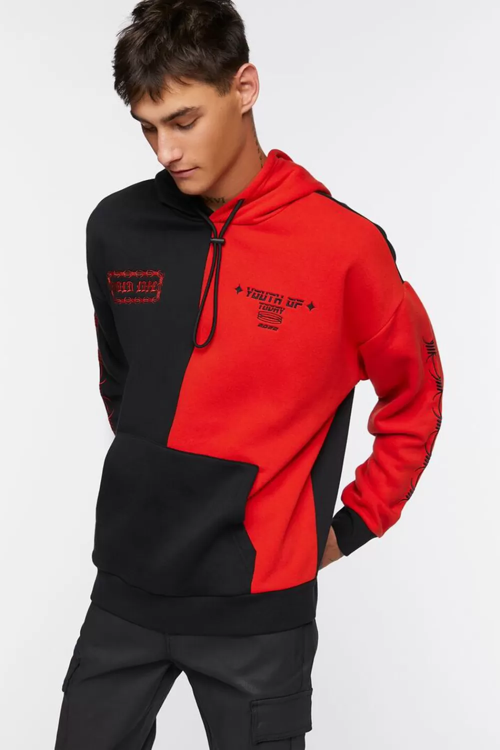 Graphic Tees>Forever 21 Colorblock Graphic Embroidered Hoodie Black/Red