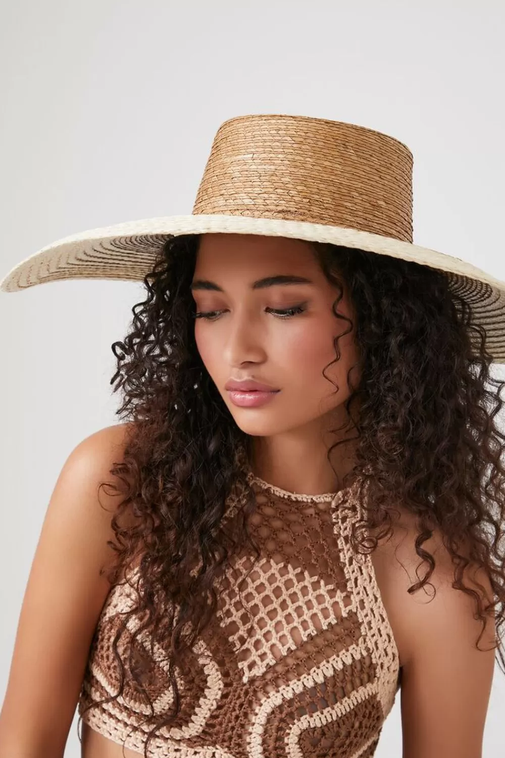 Swimwear>Forever 21 Colorblock Straw Panama Hat Natural/Cream