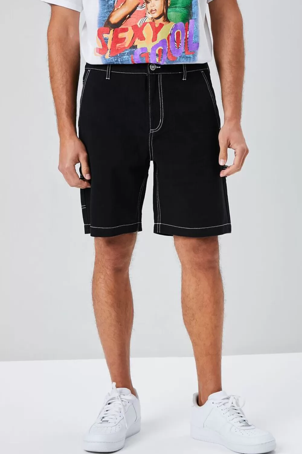 Bottoms>Forever 21 Contrast-Stitch Utility Shorts Black/White
