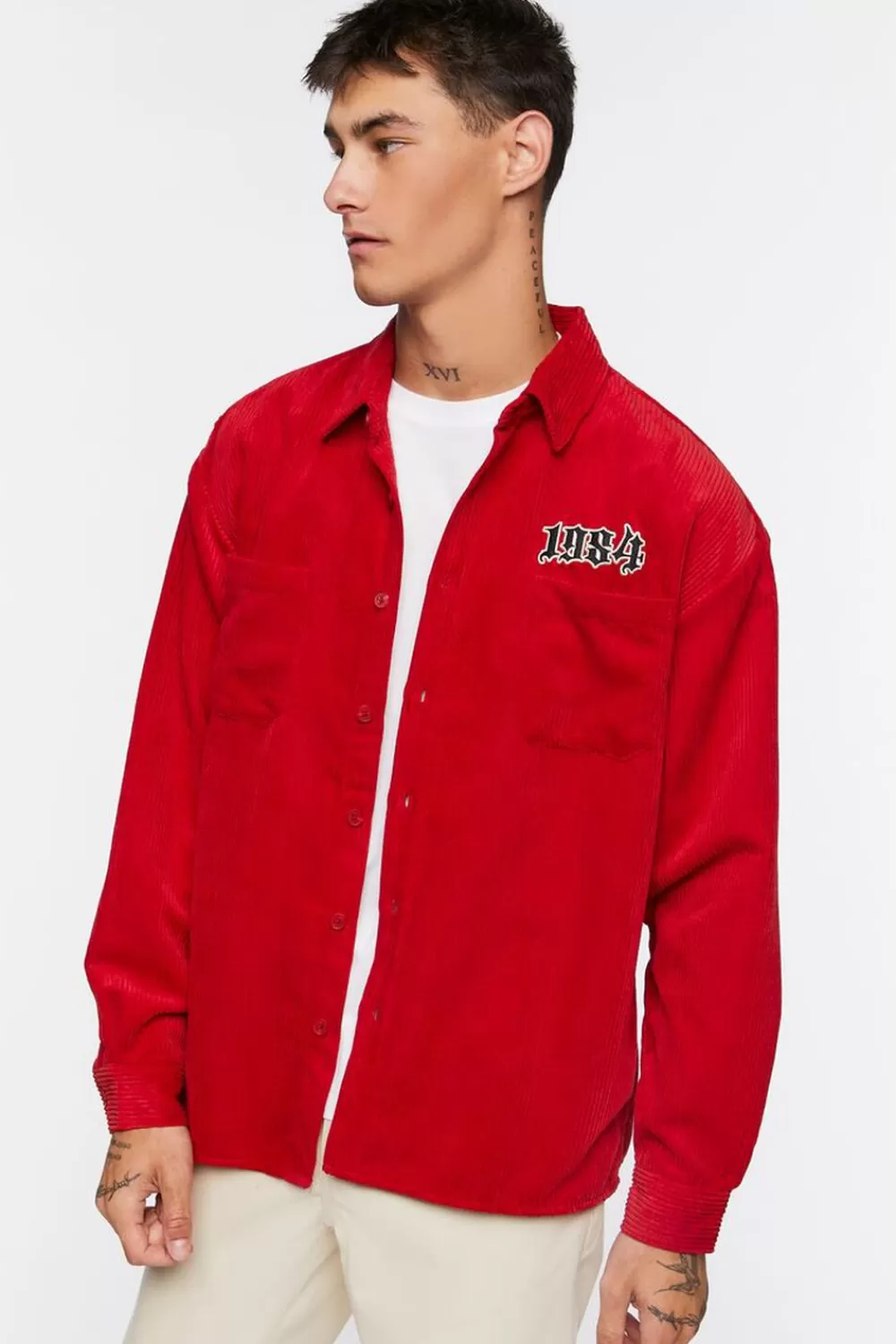 Shirts>Forever 21 Corduroy 1984 Button-Front Shirt Red/Black