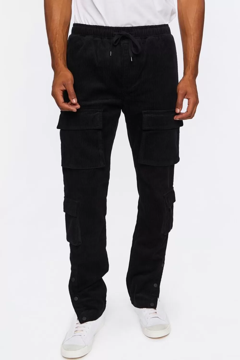 Bottoms>Forever 21 Corduroy Button-Hem Slim-Fit Pants Black