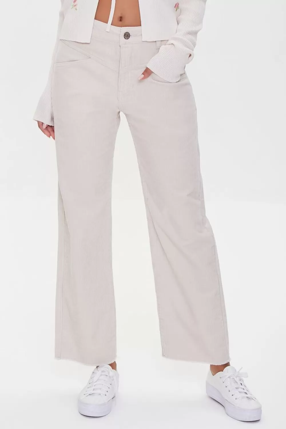 Matching Sets>Forever 21 Corduroy Frayed Wide-Leg Pants Khaki
