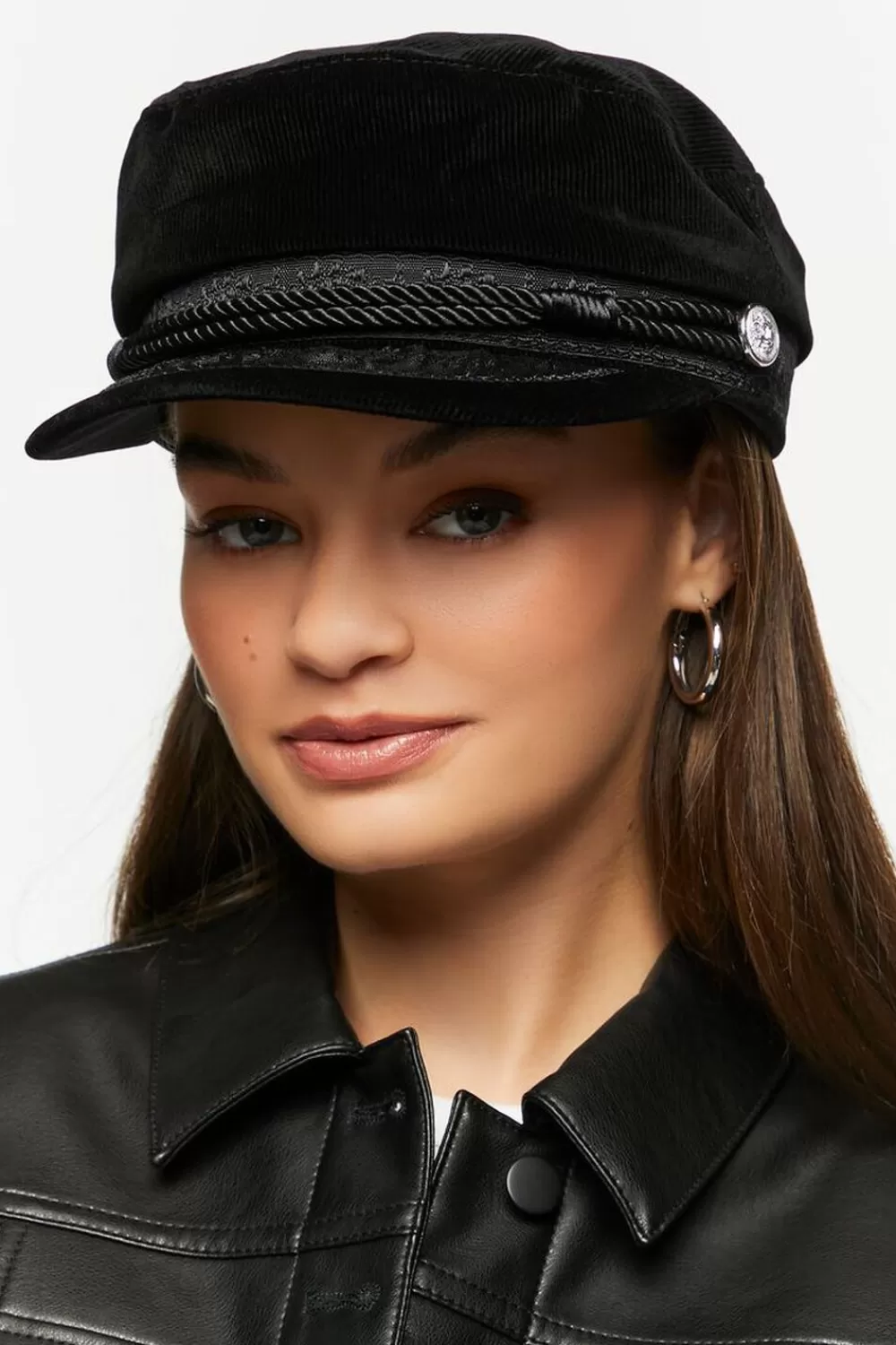 Hats + Beanies>Forever 21 Corduroy Rope-Trim Cabbie Hat Black/Black
