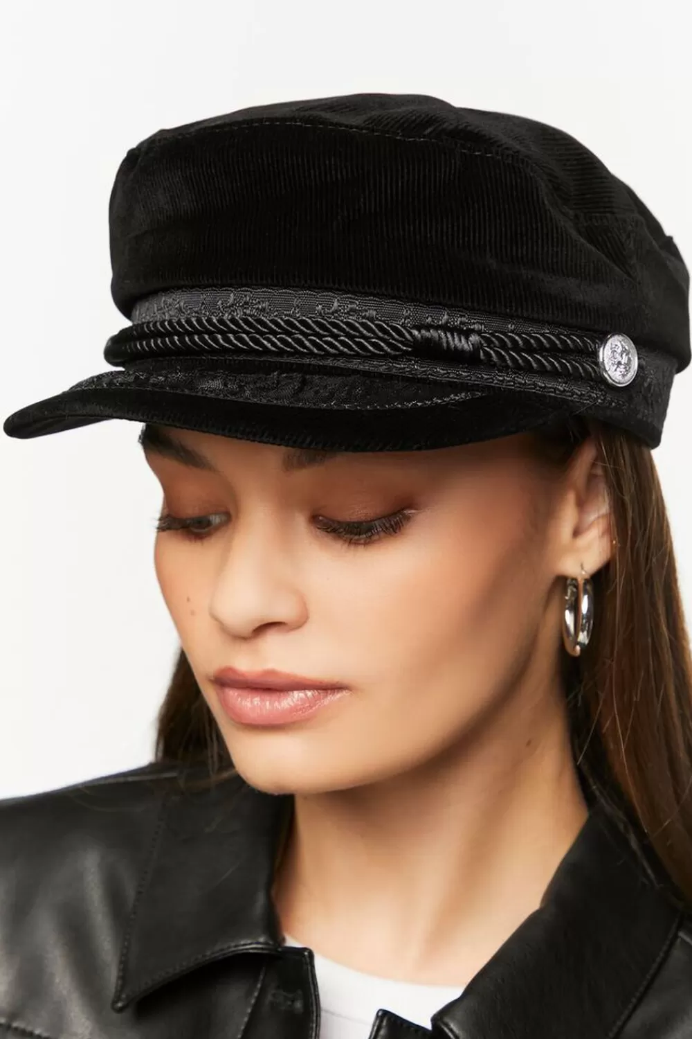 Hats + Beanies>Forever 21 Corduroy Rope-Trim Cabbie Hat Black/Black