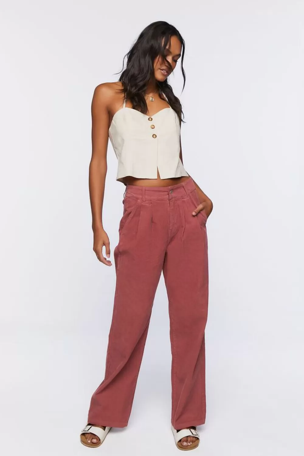 Bottoms>Forever 21 Corduroy Wide-Leg Trouser Pants Brick