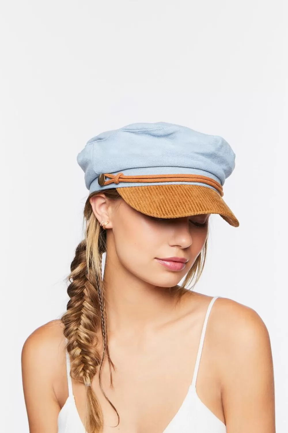 Hats + Beanies>Forever 21 Corduroy-Trim Cabbie Hat Blue/Brown