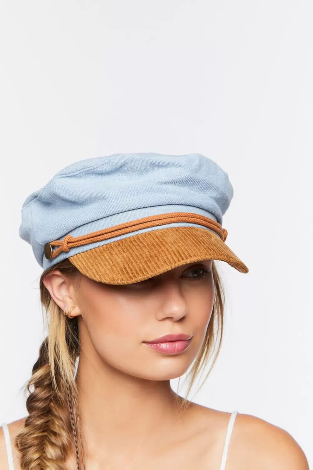 Hats + Beanies>Forever 21 Corduroy-Trim Cabbie Hat Blue/Brown
