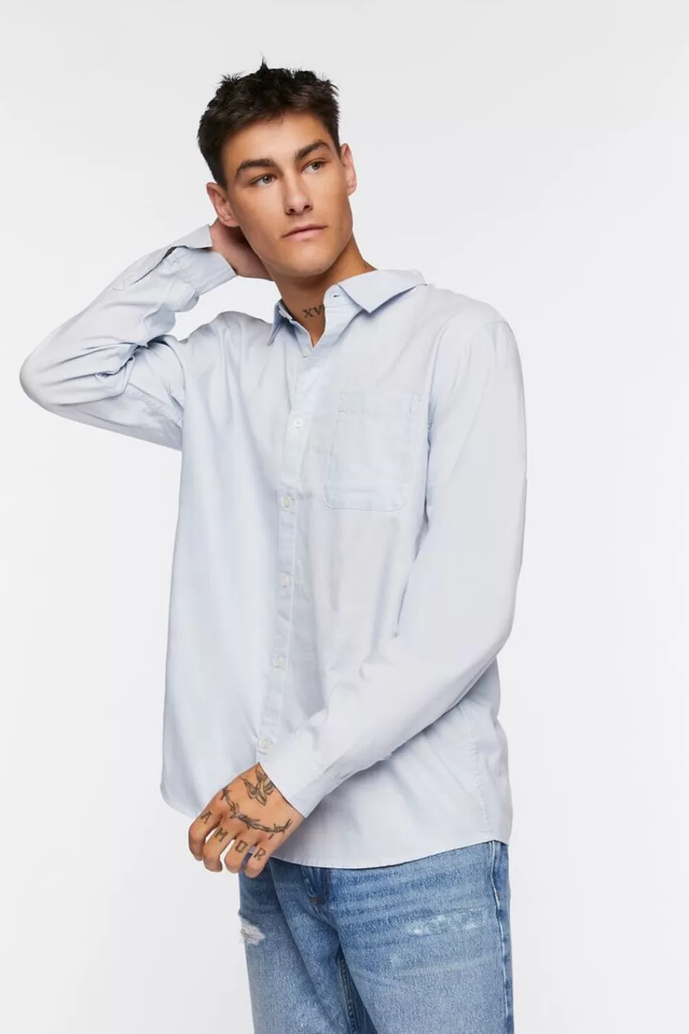 Shirts>Forever 21 Cotton Button-Up Shirt Light Blue